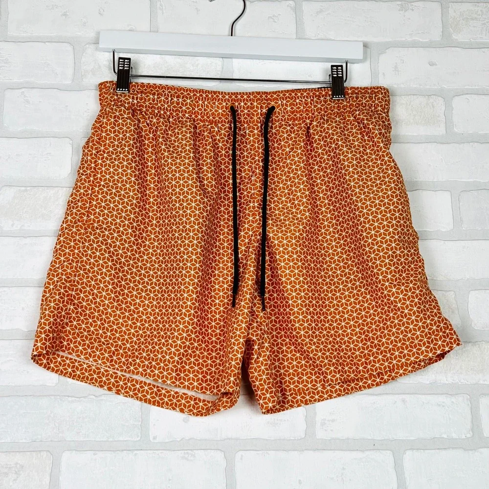 Mens Orange Geometric Honeycomb Cube Print Swim Trunks Elastic Waist Shorts M